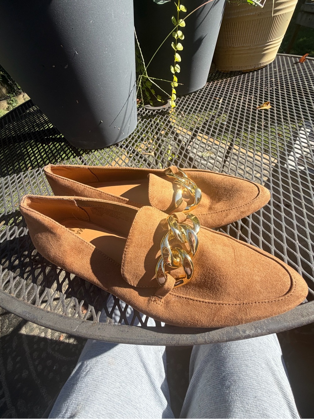 Steve Madden Tan Suede Loafers with Gold Chain
